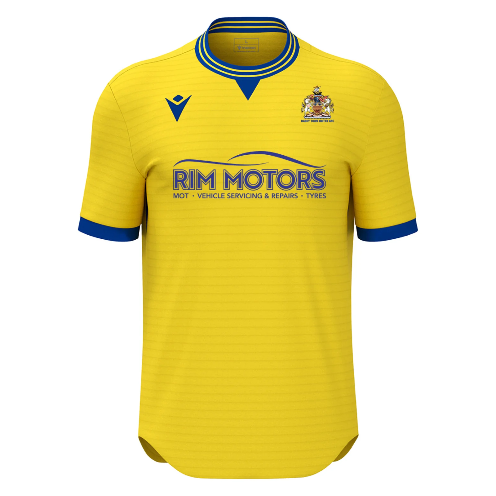 Barry Town’s yellow home shirt with blue collar and sleeve trim, as pictured in the club’s online shop